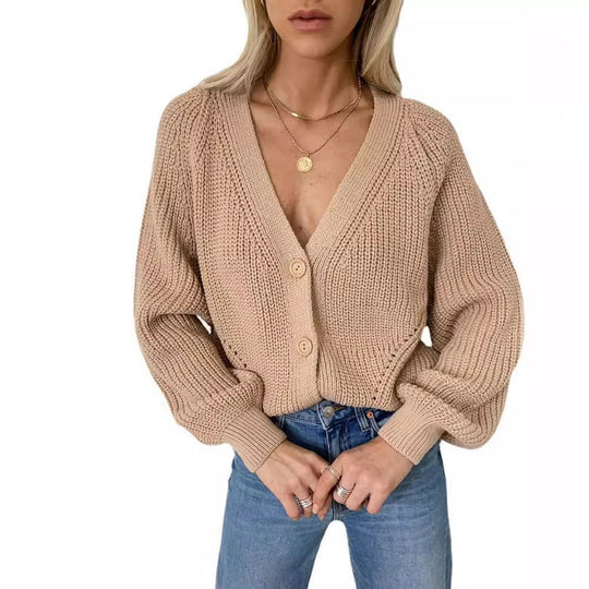 Damen Kurzstrickjacke mit tiefem V-Ausschnitt und Knopfdetails EB