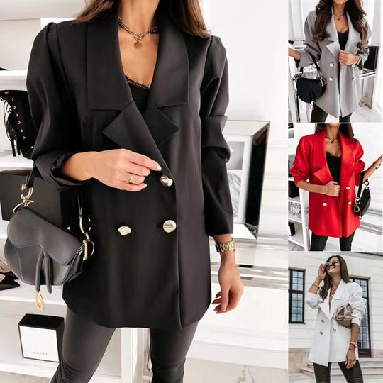 Damen eleganter Oversize-Blazer mit Taschen und Knopfdetails EB