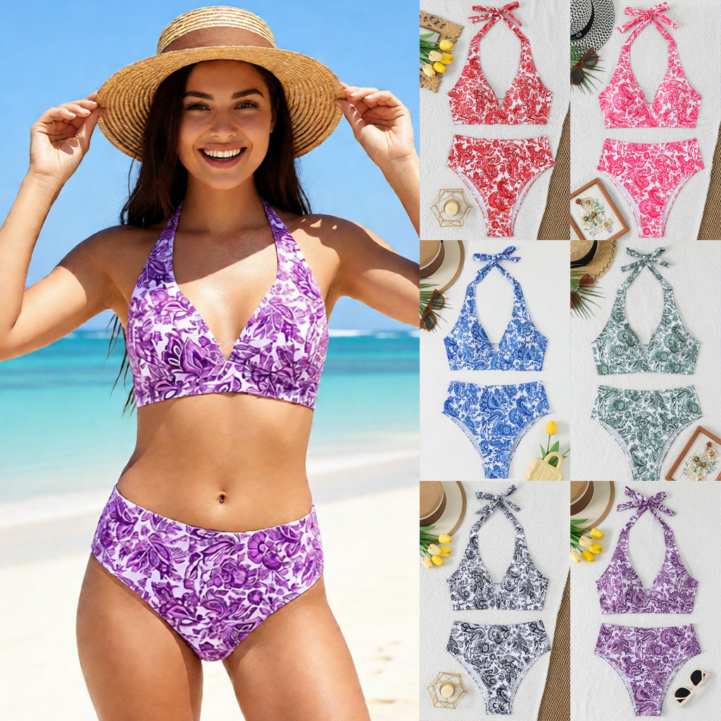 Damen Hochtailliertes Bikini-Set mit floralem Design und verspieltem Halteroberteil EB