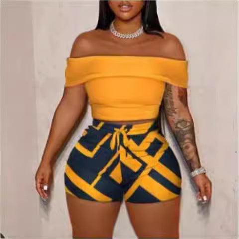 Damen Off-Shoulder Top und Hohe Taille Shorts Set EB