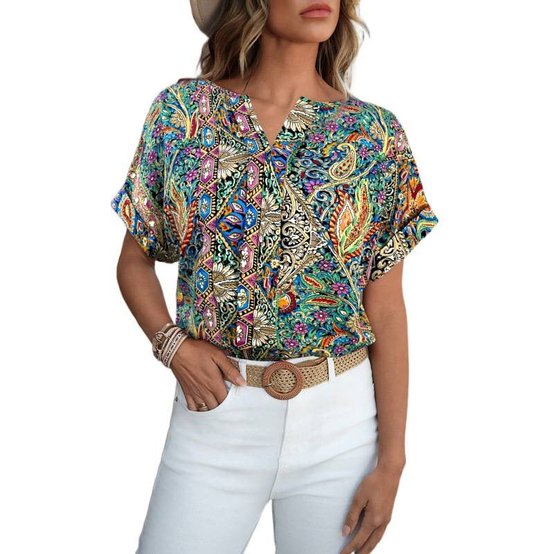 Damen Kurzarm Bluse mit buntem Druck und V-Ausschnitt EB