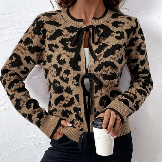 Damen Leo-Muster Strickjacke mit Bändern EB