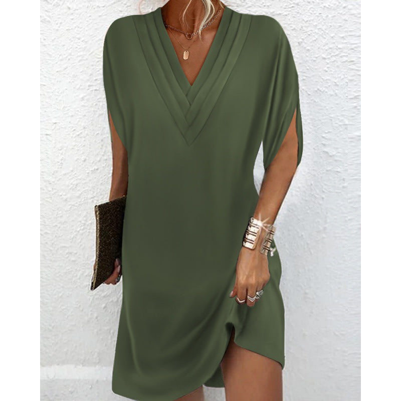 Damen elegantes V-Ausschnitt Kleid mit seitlichen Schlitzen und lässigem Schnitt EB