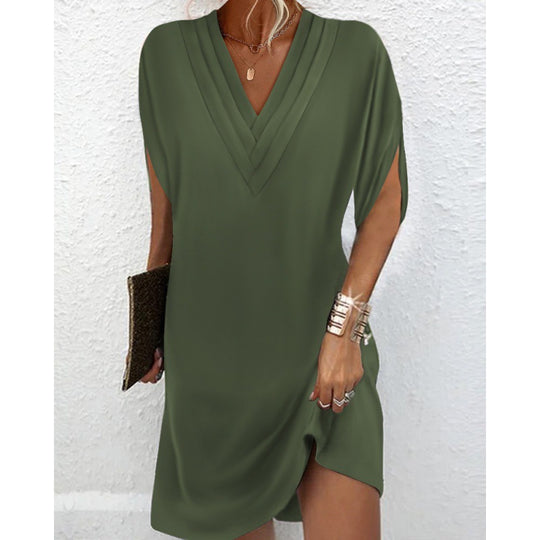 Damen elegantes V-Ausschnitt Kleid mit seitlichen Schlitzen und lässigem Schnitt EB
