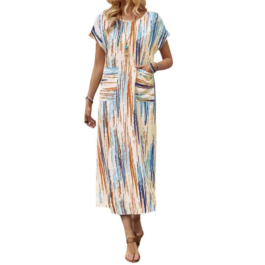 Damen Maxikleid mit praktischen Taschen und modischem Streifenmuster EB