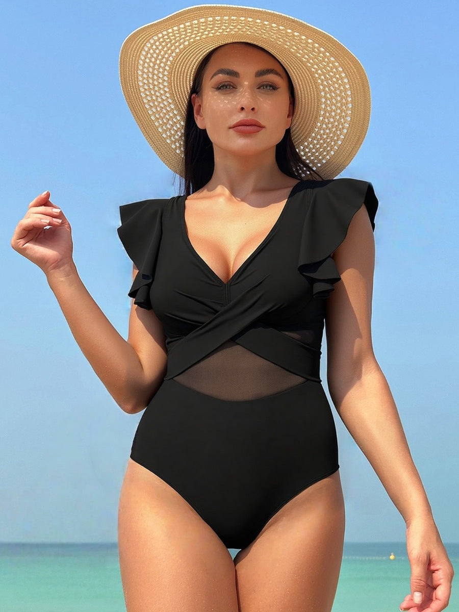 Damen Eleganter Einteiler Badeanzug mit asymmetrischem Rüschendesign EB