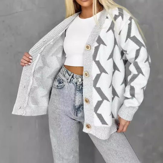 Damen gemütlicher Strickcardigan mit modernem Blitze-Design und Knopfverschluss EB