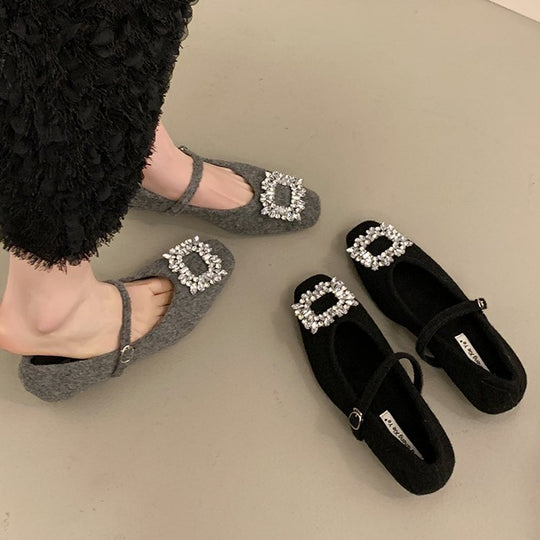 Damen Filz-Ballerinas mit eleganter Schnallenverzierung und funkelndem Kristallschmuck EB
