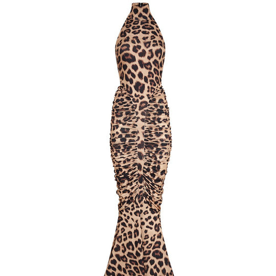 Damen Elegantes Leopardenmuster Maxikleid mit hohen Kragen und raffinierten Schnitten EB