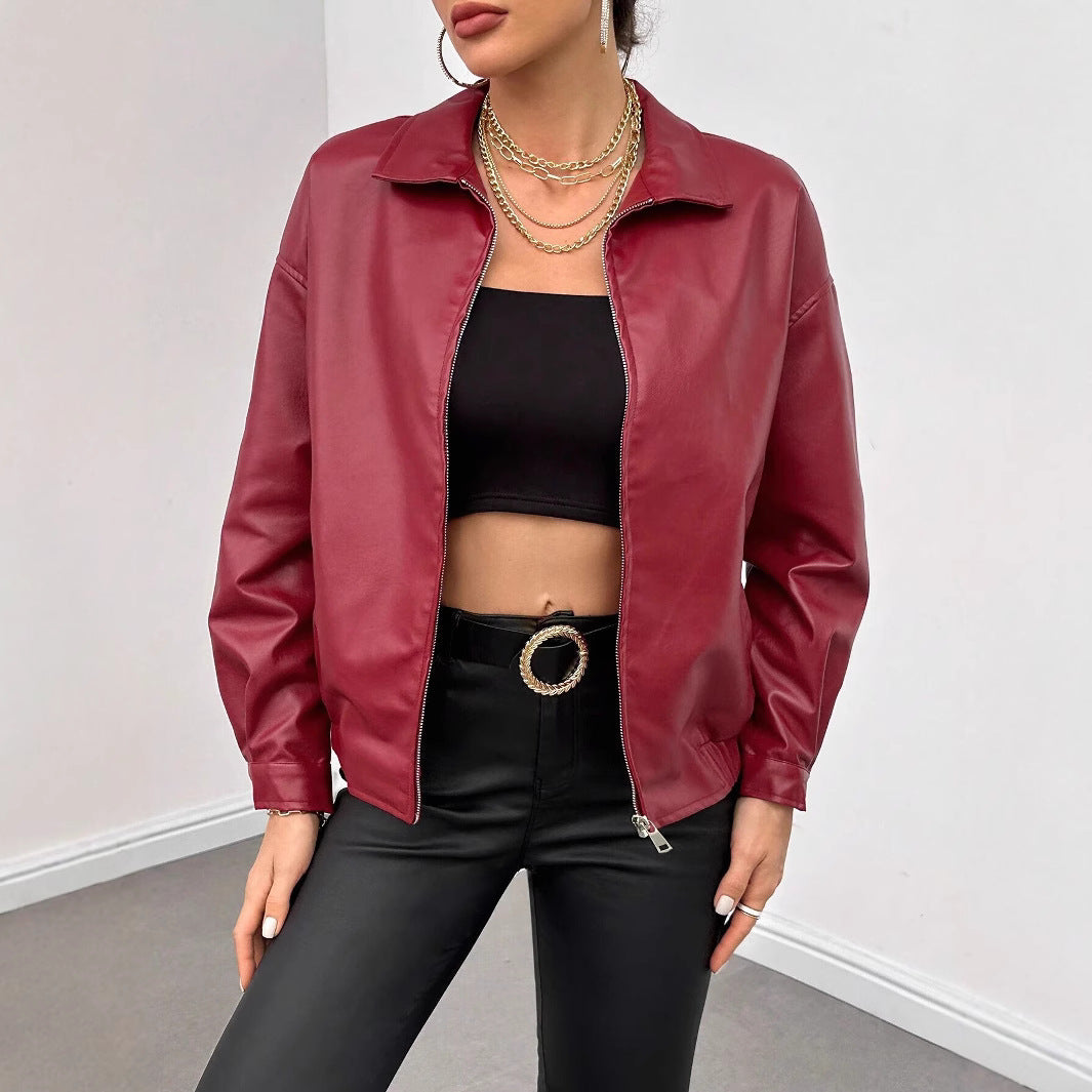 Damen trendige Kunstlederjacke im modernen Schnitt mit lässigem Reißverschluss EB