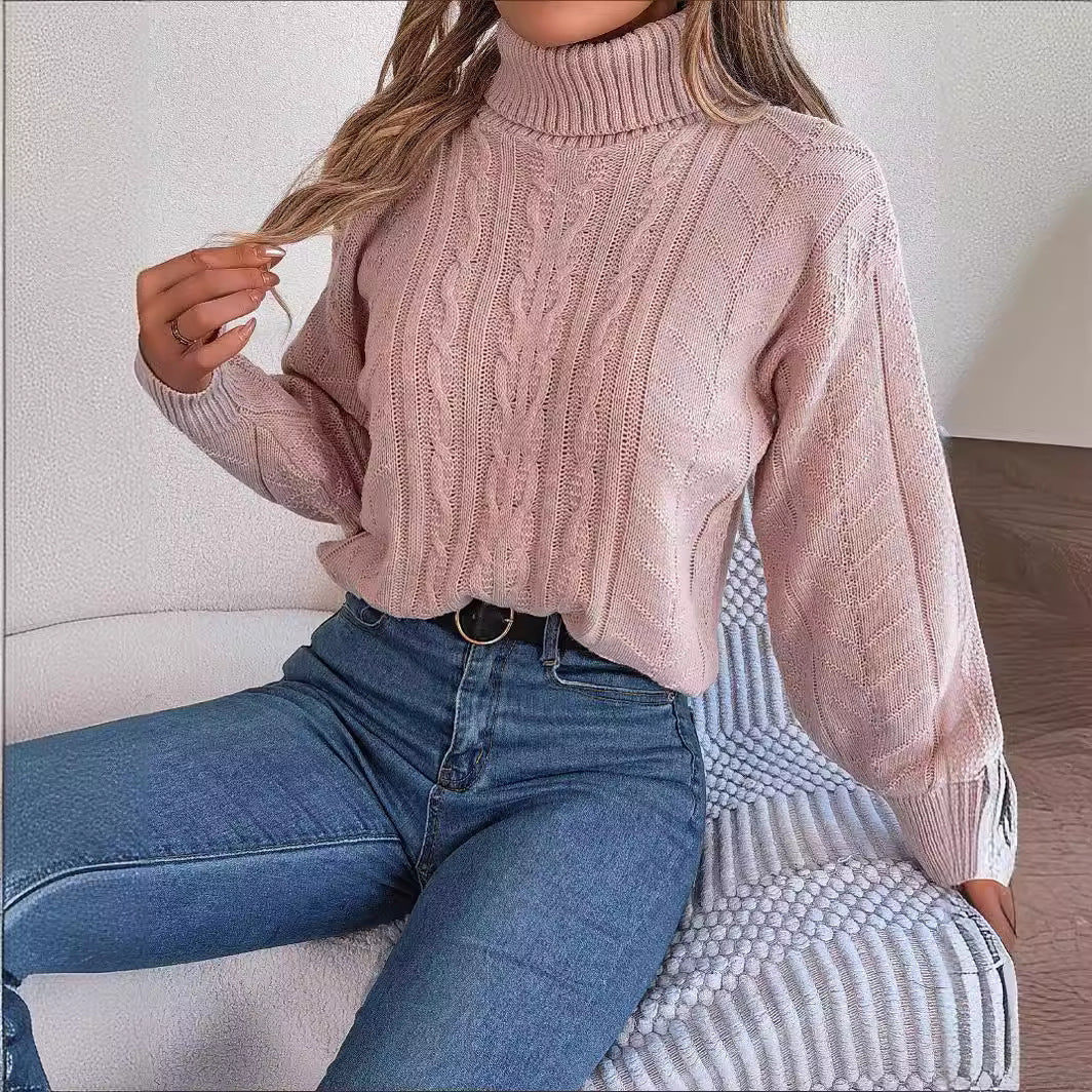 Damen Gemütlicher Strickpullover mit Stehkragen und Zopfmuster EB