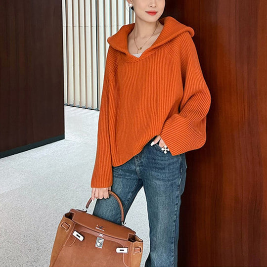 Damen lässiger Strickpullover mit Kapuze und weit geschnittenen Ärmeln EB
