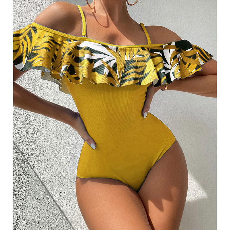 Damen Off-Shoulder Badeanzug mit voluminösem Rüschendesign EB