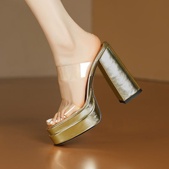 Damen elegante Plateau Mules mit transparentem Riemen EB