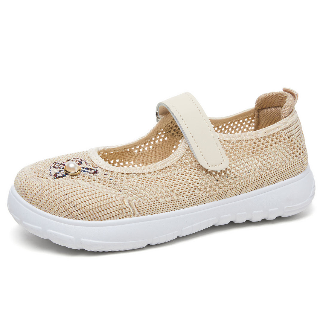 Damen nan gestrickter Mary-Jane-Sneaker mit Klettriemen, atmungsaktivem Strickoberteil, dekorativer Perlenapplikation und dämpfender EVA-Sohle EB