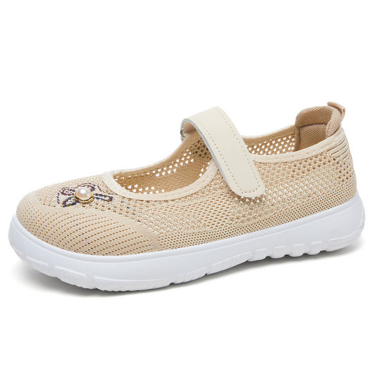 Damen nan gestrickter Mary-Jane-Sneaker mit Klettriemen, atmungsaktivem Strickoberteil, dekorativer Perlenapplikation und dämpfender EVA-Sohle EB