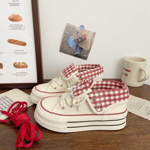 Damen Plateau Sneakers mit modischem Karomuster und elastischen Schnürsenkeln EB