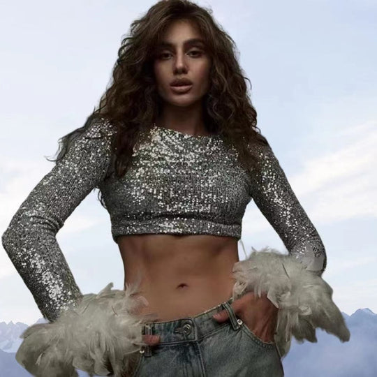 Damen Cropped Oberteil mit funkelndem Paillettenbesatz und fluffigen Ärmelbündchen EB