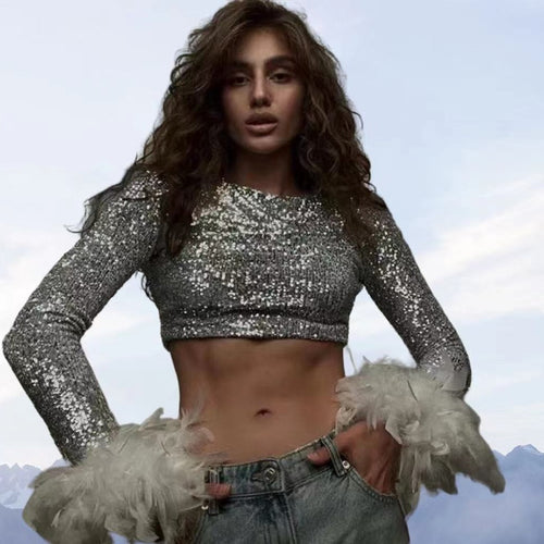 Damen Cropped Oberteil mit funkelndem Paillettenbesatz und fluffigen Ärmelbündchen EB