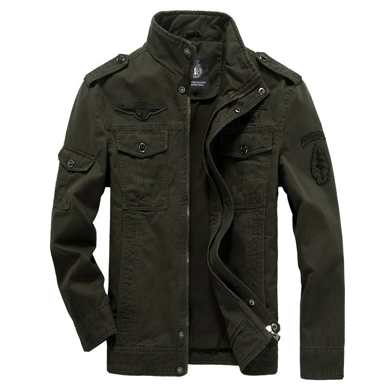 Herren  leichte Canvas-Fieldjacke im Military-Stil mit Stehkragen, Schulterklappen und aufgesetzten Brust- und Ärmeltaschen EB