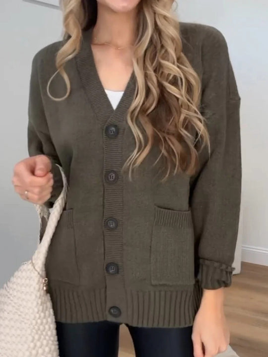 Damen Strickjacke mit Taschen und modernen Knöpfen EB