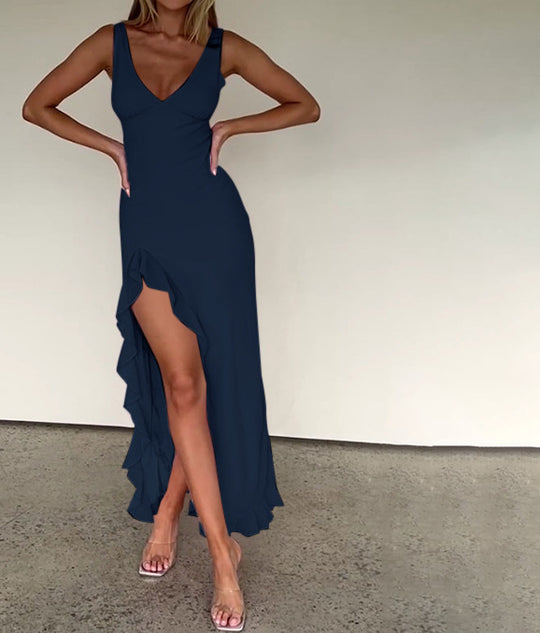 Damen Maxikleid mit tiefem V-Ausschnitt und asymmetrischem Rüschensaum EB