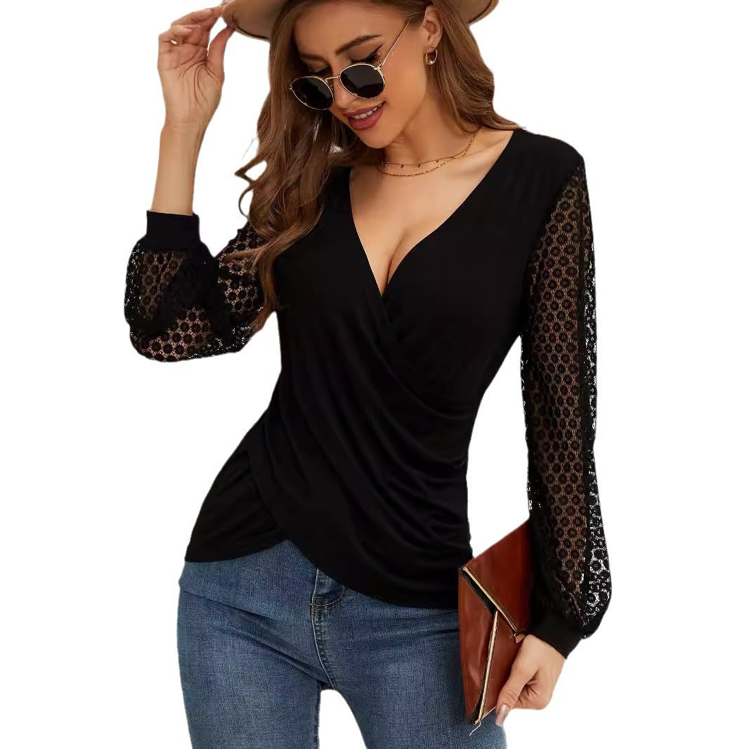 Damen nan elegante Wickelbluse mit Spitzenärmeln und tiefem V-Ausschnitt EB