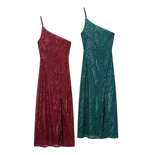 Damen glamouröses Abendkleid mit asymmetrischem Schnitt und schimmernden Pailletten EB
