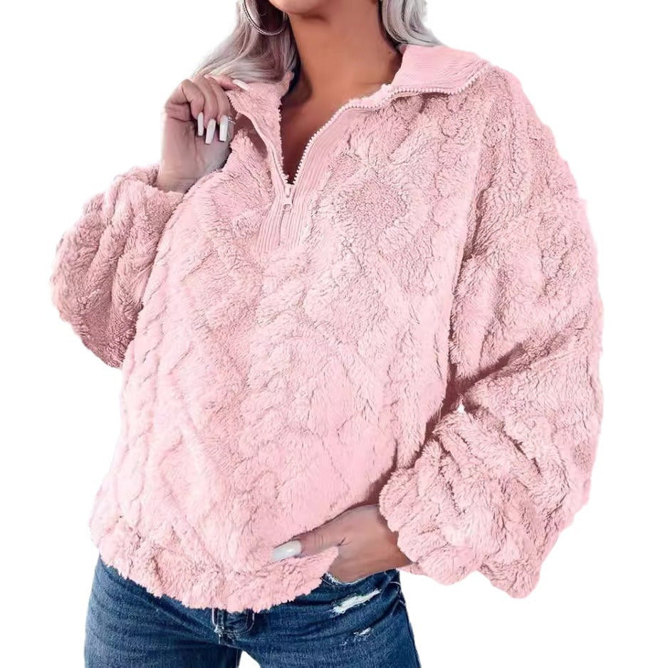 Damen nan Plüsch-Sherpa-Pullover mit halbem Reißverschluss, Stehkragen und oversized Silhouette EB