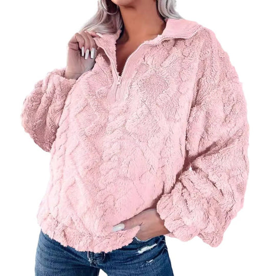 Damen nan Plüsch-Sherpa-Pullover mit halbem Reißverschluss, Stehkragen und oversized Silhouette EB