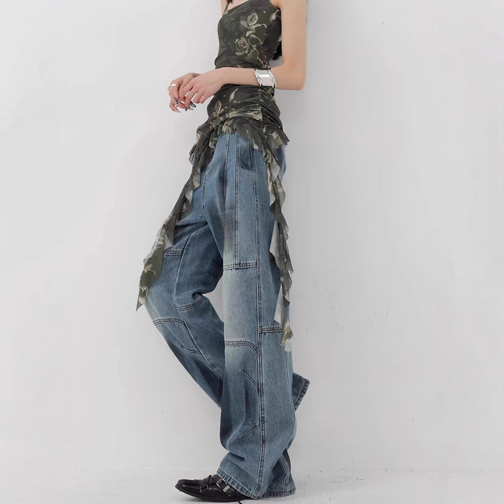 Damen Bequeme weite Jeans mit modischen Steppnähten EB