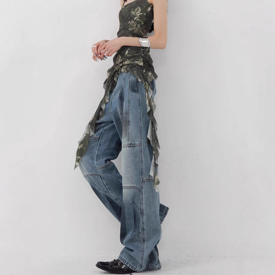 Damen Bequeme weite Jeans mit modischen Steppnähten EB