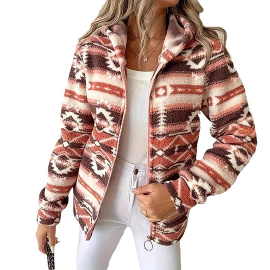 Damen Fleecejacke mit grafischem Muster und praktischen Taschen EB