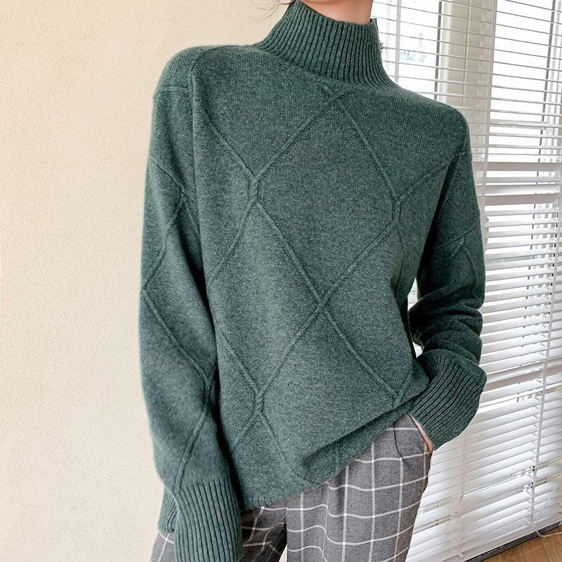 Damen Strickpullover mit hohem Kragen und Rautenmuster EB