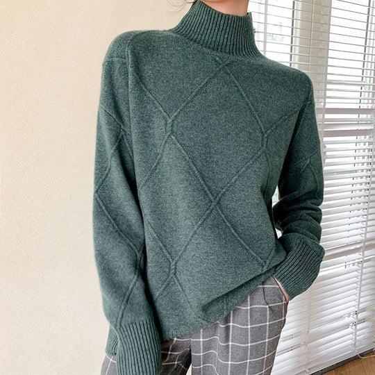 Damen Strickpullover mit hohem Kragen und Rautenmuster EB