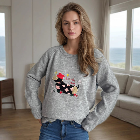 Damen Pullover mit tierischem Motiv und dekorativen Stickereien EB