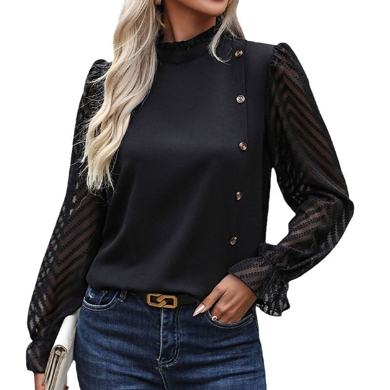 Damen Modisches Blusenshirt mit Rüschendetails und Knopfverzierung EB