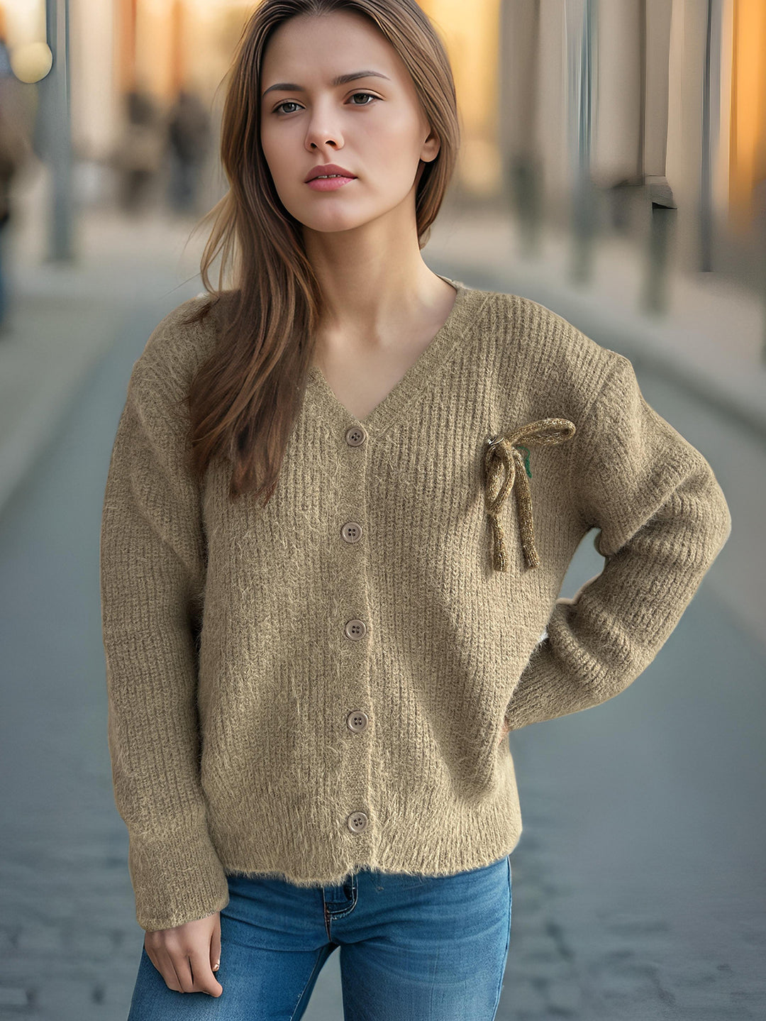 Damen Cardigan mit feinem Strukturmuster und dekorativen Knopfdetails EB