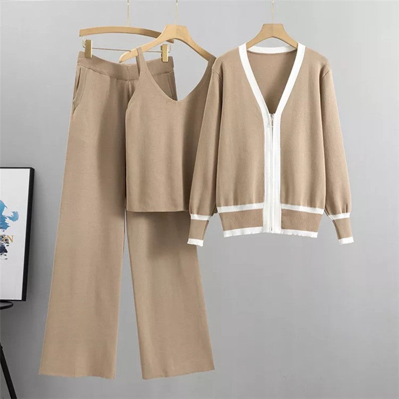 Damen lässiges Strick-Loungewear-Set mit hochwertigem Zip-Cardigan und Weitbein-Hosen EB