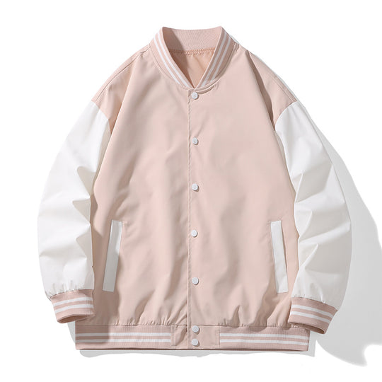 Unisex College-Bomberjacke im Varsity-Stil mit kontrastärmeln, gestreiften Rippbündchen und Druckknopfverschluss EB