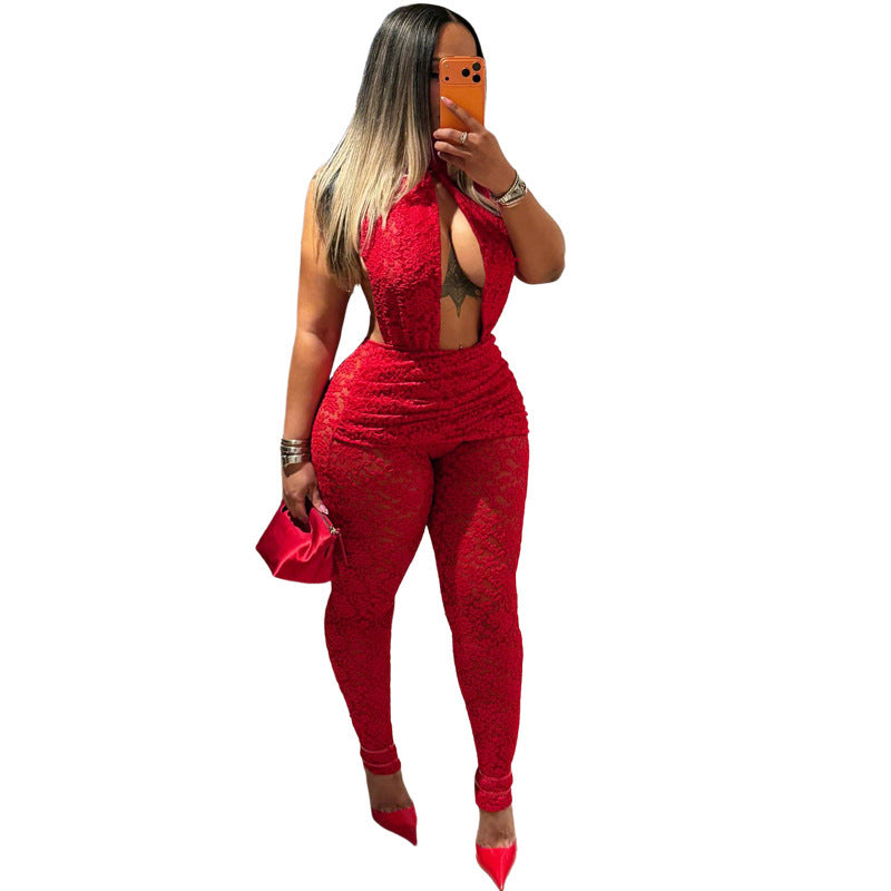 Damen Eleganter Spitzen-Jumpsuit mit tiefem V-Ausschnitt und tailliertem Design EB
