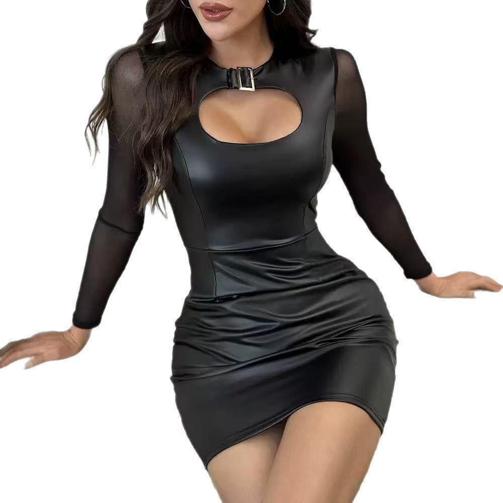 Damen Figurbetontes Kunstlederkleid mit transparenten Ärmeln und Dekolleté-Ausschnitt EB