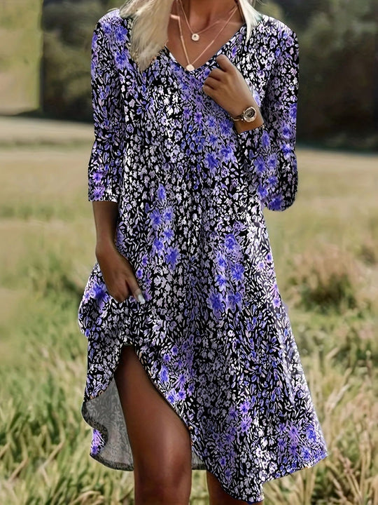 Damen Freizeitkleid mit modischem V-Ausschnitt und Seitenschlitz EB