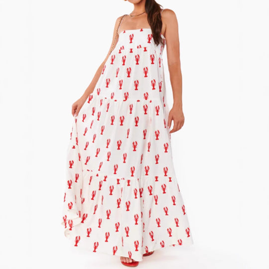 Damen nan trägerloses Stufenmaxikleid mit Bandeau-Oberteil lockerer A-Linie und maritimem Hummer-Print EB