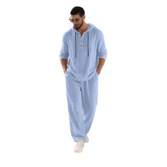 Herren nan lässiges Leinenzweiteiler-Set mit Kapuzenhemd im Henley-Stil und weiten Freizeit-Hosen EB