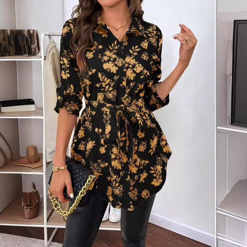 Damen lässige Bluse mit floralem Muster und Taillenknoten EB