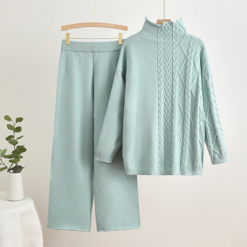 Damen gemütliches Strick-Loungewear-Set mit hochgeschlossenem Kragen EB