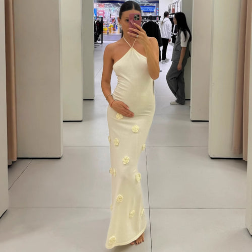 Damen Elegantes Maxikleid mit feinen Blumenapplikationen EB