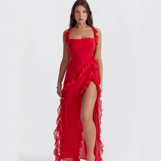 Damen asymmetrisches Maxi-Kleid mit Rüschendetails und hohem Schlitz EB