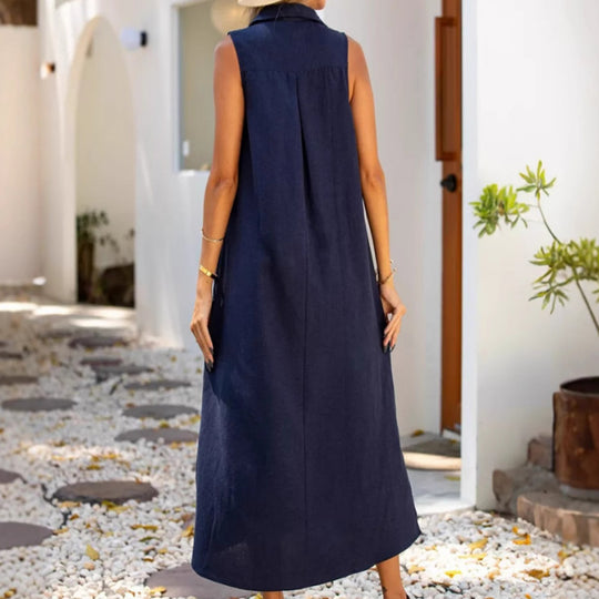 Damen elegantes Maxikleid mit schmalem Stehkragen und seitlichen Schlitzen EB